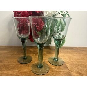 Vintage Hand Blown Green Stem Wine Glasses Set of 3 MCM Barware Holiday Bar Cart